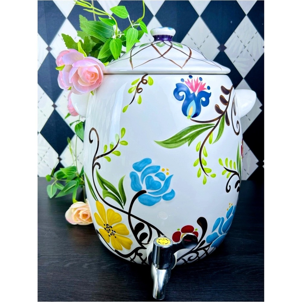 Oversized Floral Drink Dispenser 2 Gallon Ceramic Jardine Drink Server & Lid